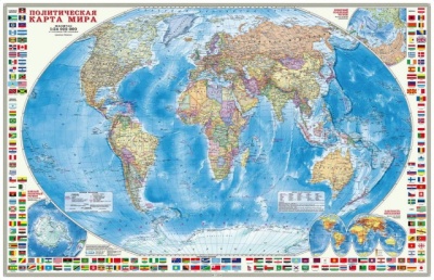 Карта настенная. Мир Политический с флагами. М1:24 млн. 124х80 см.  